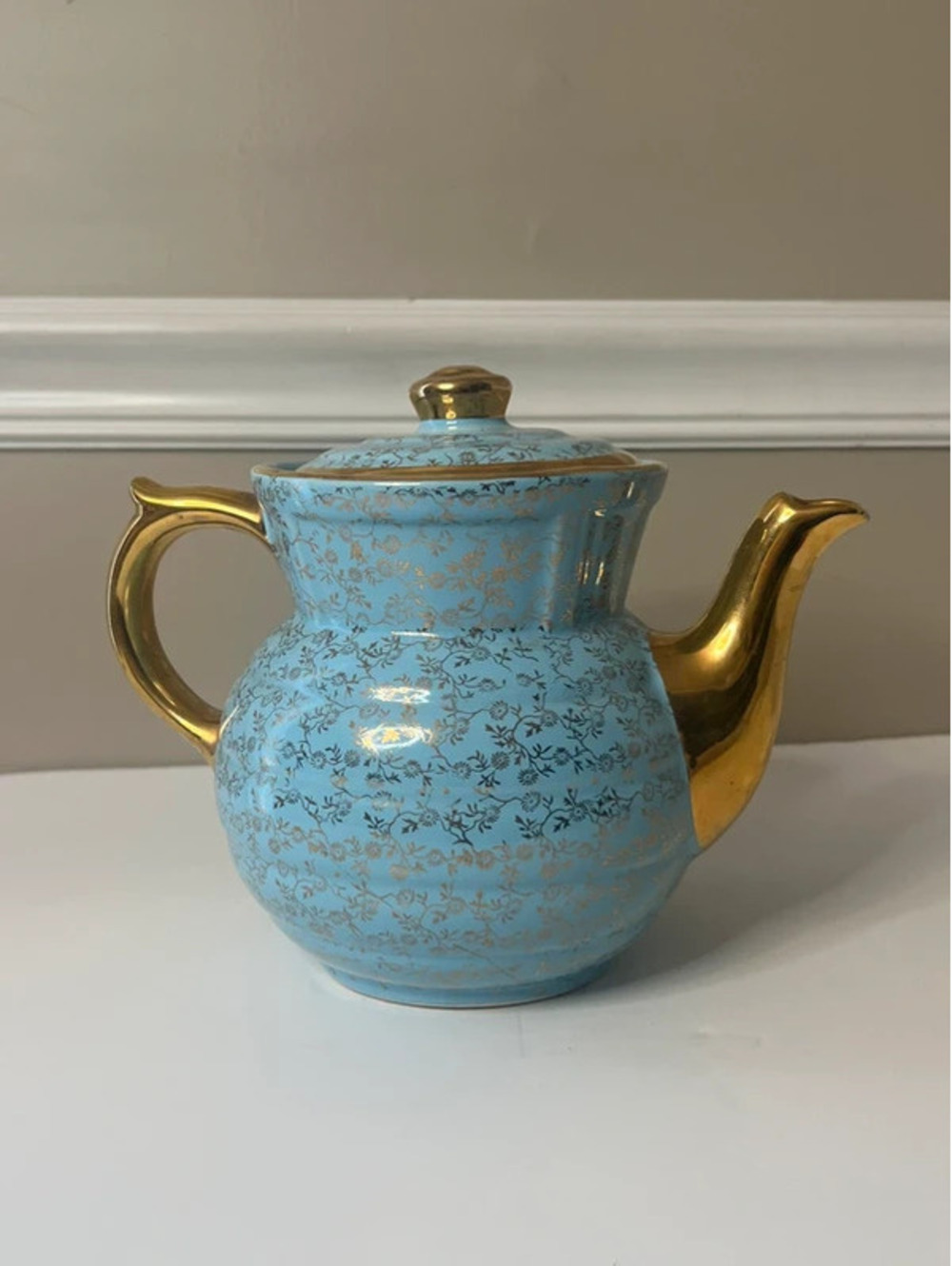 Vintage Hall China Drip-O-lator Coffee Pot Turquoise Blue Gold Floral 1950s